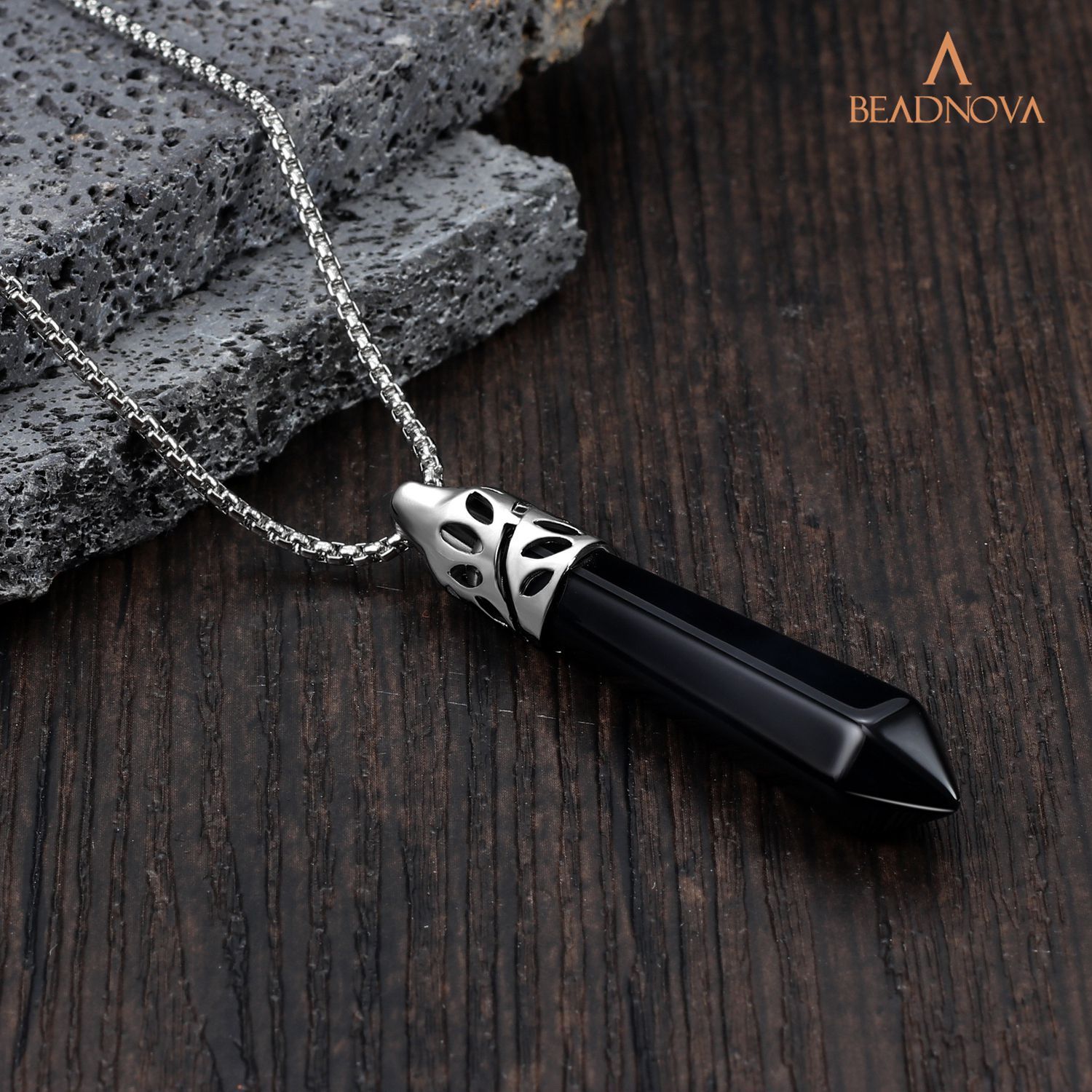 Beadnova Healing Crystal Necklace For Women Men Black Onyx Crystal Pendant Energy Healing Gemstones Jewelry Pendulum Crystal Divination Hexagonal 18 Inches Stainless Steel Chain Beadnova