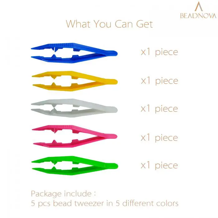 BEADNOVA Bead Tweezers Plastic Forceps Craft Tweezer for DIY Craft Jewelry Making Family School Beading Project (Assorted Colors, 5 Pcs)