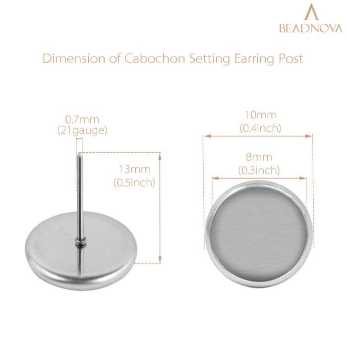 BEADNOVA Stud Earring Kit 30pcs Blank Stud Earring 8mm Stainless Steel Cabochon Setting Earring Post with Stainless Steel Earring Backs for Cabochon Resin DIY Earring Making (8mm, 30pcs)