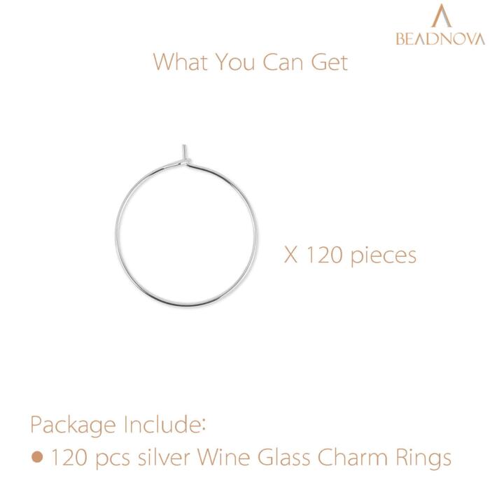 BEADNOVA Wine Glass Charm Rings 120pcs Silver Plated 25mm Beading Charm Rings Wine Glass Marker for Birthday Party Wedding Festival Favor