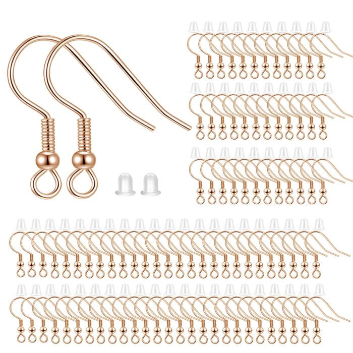 BEADNOVA Fish Hook Earring Hooks 150pcs Earring Findings with Earring Backs for Earring Supplies Earrings Making DIY (150pcs Rose Gold Earring Hooks and 150pcs Earring Backs, Total 300pcs)